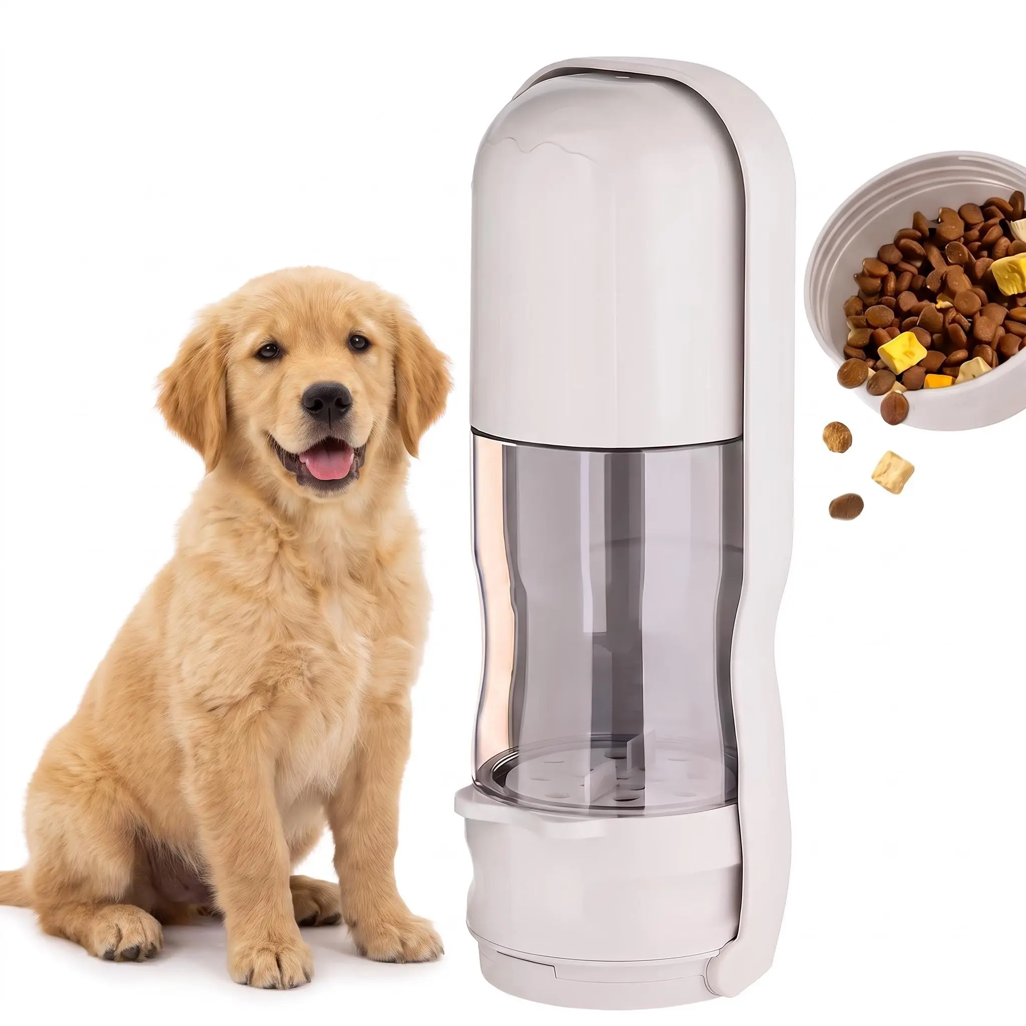Dog 2-in-1 Portable Hydration & Feeding Bottle with Food Storage Compartment - 1-Hand Operation, Leakproof, Foldable Travel Bowl, Compact, Lightweight, Durable, Reusable, Outdoor Walking, Hiking Use, Easy Outdoor Use