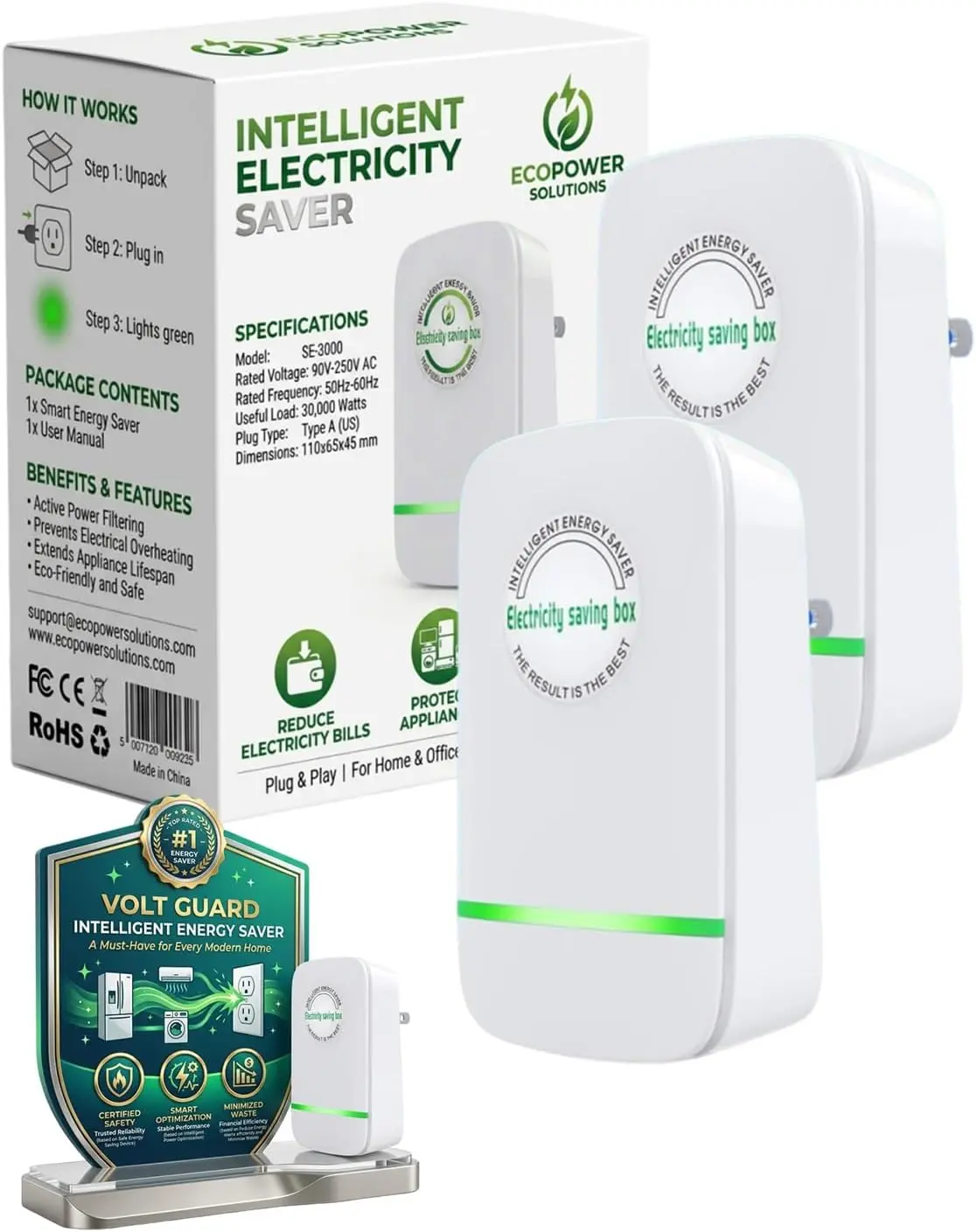 2-Pack Home Energy Saver Box, 90V-250V Smart Electricity-Saving Device with US Plug Type for Air Conditioner, Washing Machine (Office Equipment Parts for Computers & Office Use)