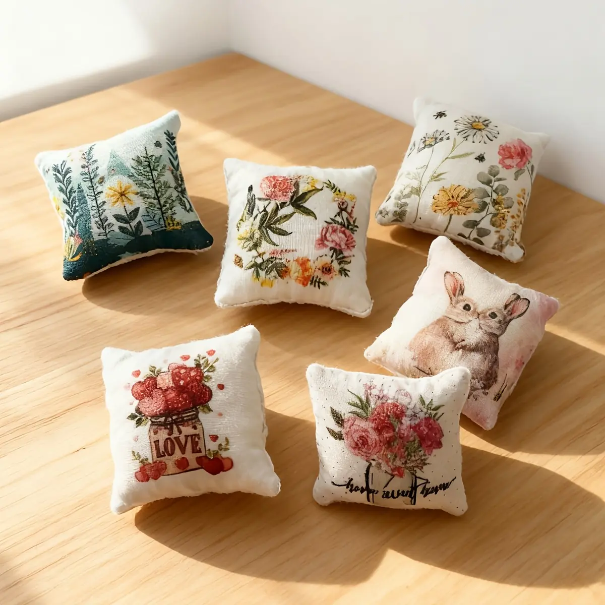 Dollhouse Mini Spring Easter Throw Pillow Bunny Rabbit Flowers BJD Model Ornament, Micro Living Room Bedroom Scene Sofa Cushion Prop, Mini Home Scene DIY, Collectible Gift for Hobbyists
