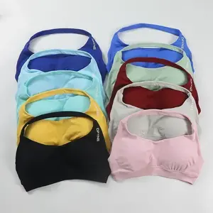 Dfyne Impact Sports Bra Women Seamless Halter Neck Strap Bra with Logo Padded Open Back Yoga Top Bra Medium Support Gym Crop Top High Stretch Durable Fabric