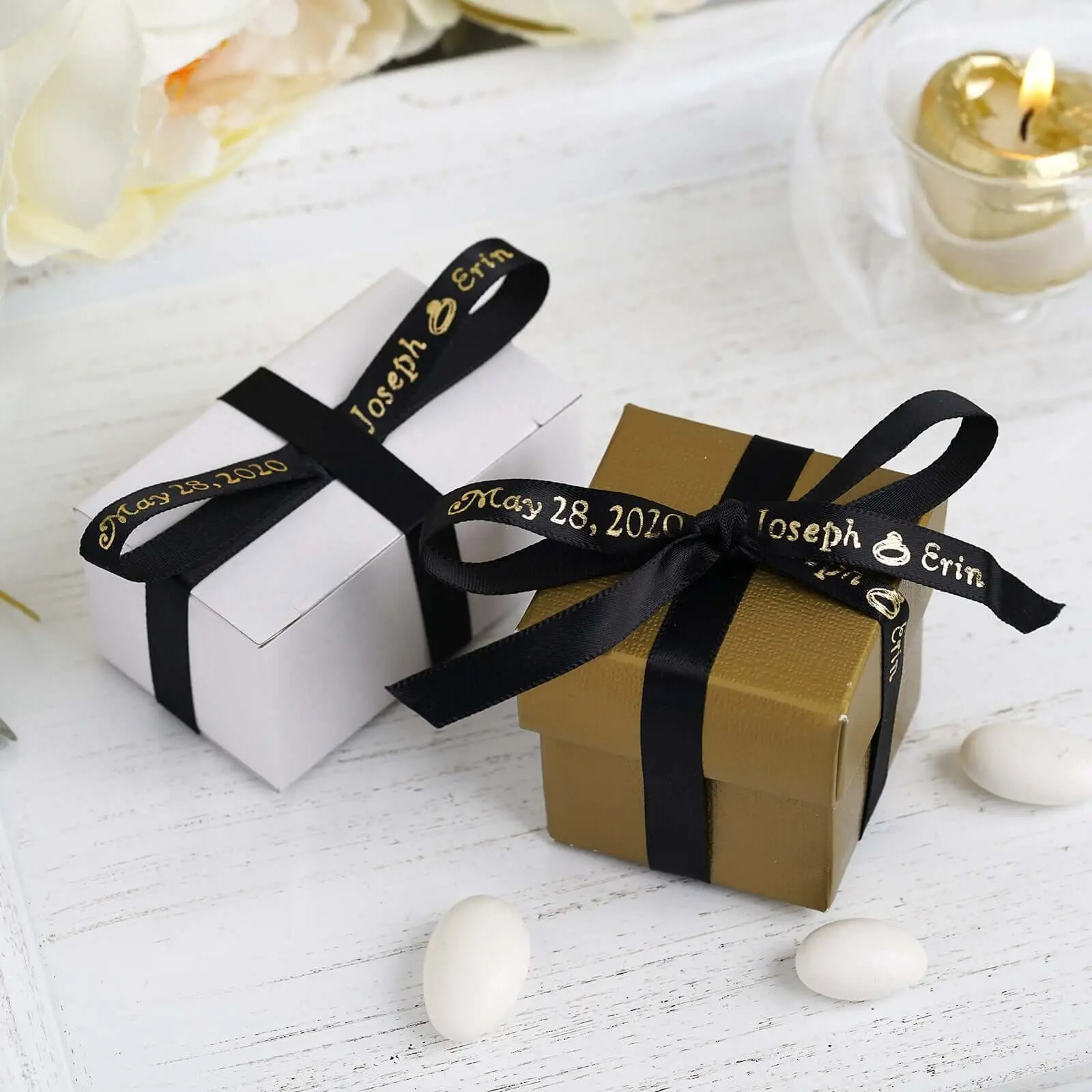 100-Pack Personalized Custom 3/8" Width Satin Ribbon with Hot Foil Both Sides Name Printing - Elegant Packaging Supplies for Wedding Favors, Office Wrapping, Foil Wrapper Gifts & Wrapping