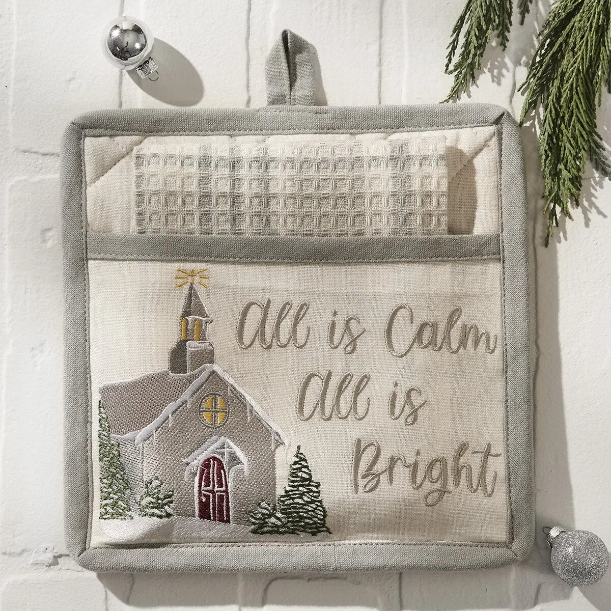 Evergreen Church Embroidered Graphics Pot Holder Set, Kitchenware with Cotton Towel and Oven Mitts