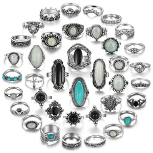 Vintage Silver Knuckle Ring Set for Women and Men - 38Count Chunky Gothic Stackable Set with Turquoise, Sun Face & Boho Designs, Adjustable Mid Rings
