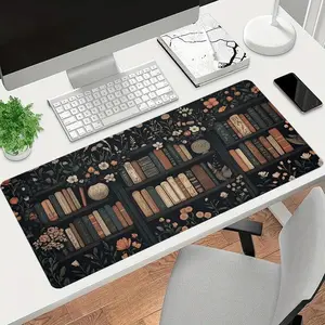 1pc Dark Academia Bookshelf Gaming Mouse Pad, Gothic Floral Extended Desk Mat, Gaming Desk Accessory, Non-Slip Stitched Edge Computer Mat, Rubber Base Laptop Keyboard Pad for Home Office & Gamer, Durable and Spill-Resistant, Ideal Gift