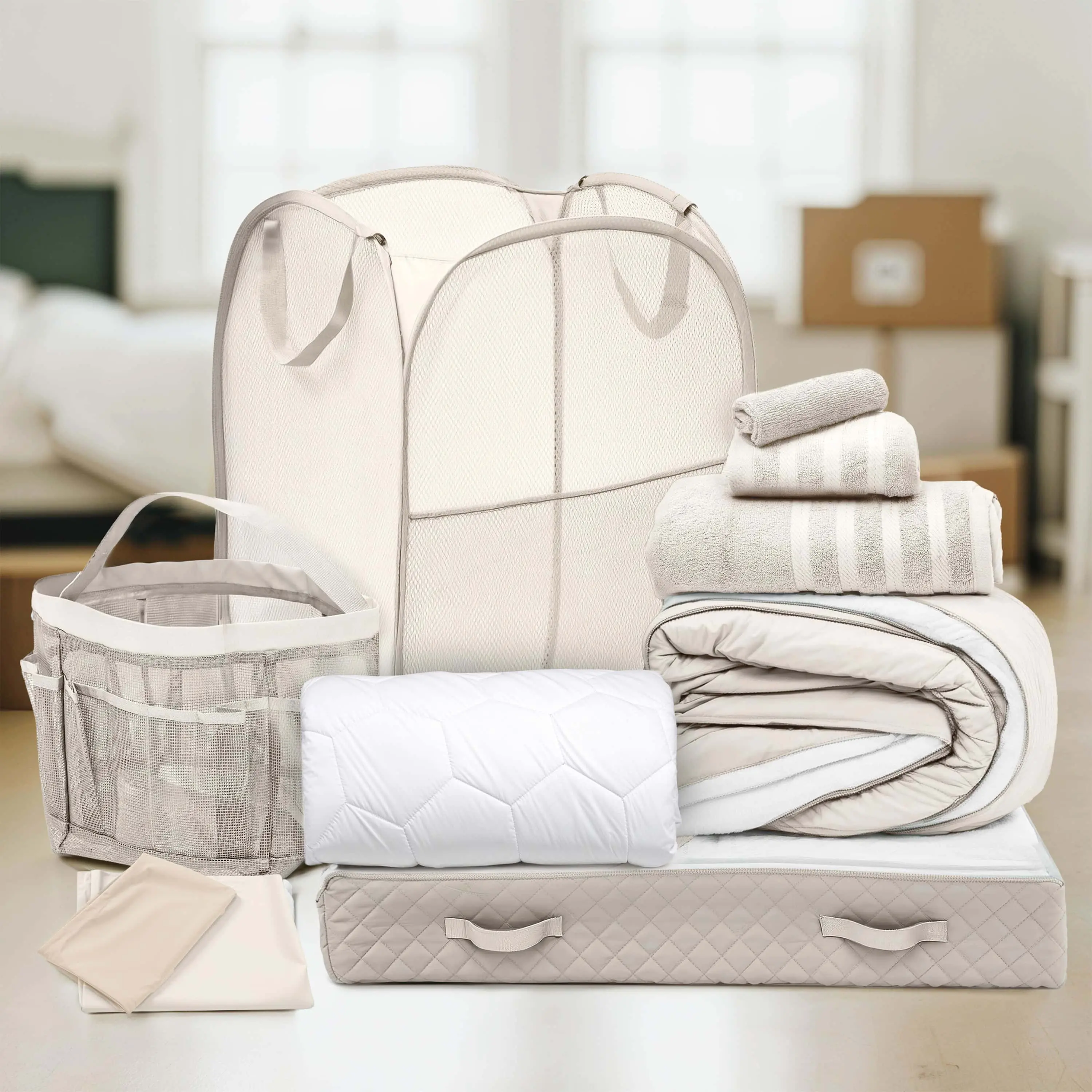 NESTL Twin XL Cozy Bedset Complete Kit - Reversible Comforter, Smooth Fabric Sheets, Folding Hamper, Microfiber Cleaning Towels, Shower Caddy, Tidy Underbed Bin for College Students (Machine Washable)