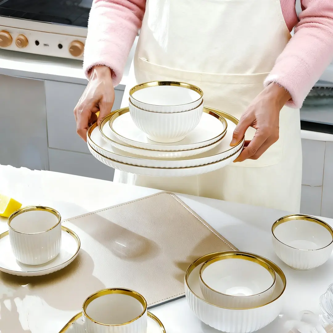Multiple Ceramic Tableware Sets, Ceramic Dinnerware Set, Plates and Bowls Sets, Dining Set - Customize Your Own Combination, Vertical Stripes, Suitable for Multiple People, Dishwasher & Microwave Safe