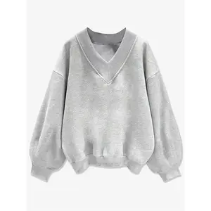 Women's V-neck sweatshirt, drop shoulder style, fashionable and casual essential, solid color V-neck long sleeve, suitable for travel, vacation, street and campus