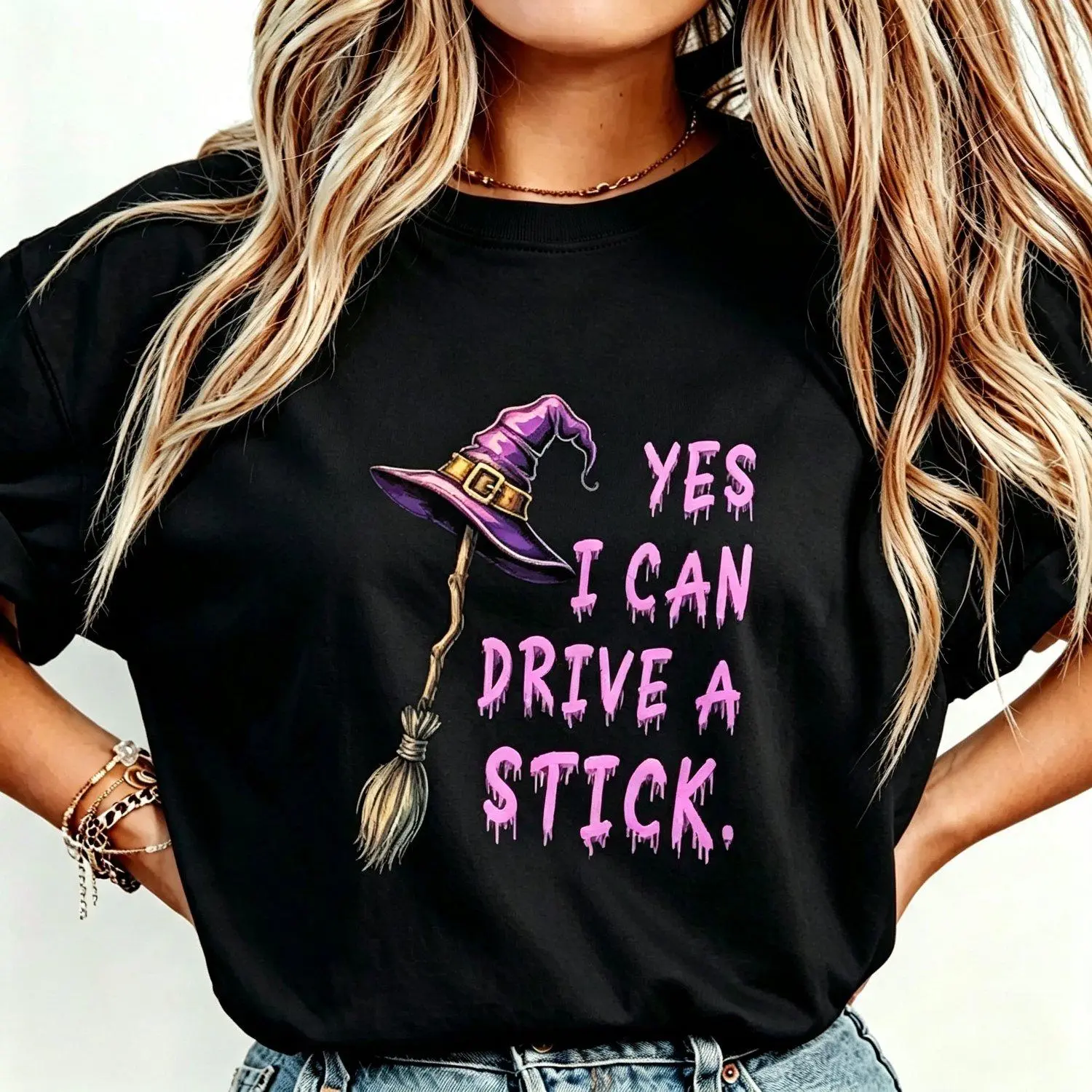 Women Short sleeve T shirts Yes I Can Drive A Stick Funny Witch Hat Halloween Graphic Tee Casual Stylish Cotton Feel Summer Top Womenswear Women meme