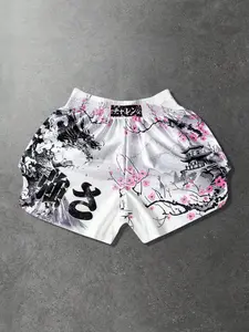 Men's Muay Thai Shorts, Sakura Dragon Pattern & Temple Print, Japanese Ink Style, Free Fighting Training Fight Pants