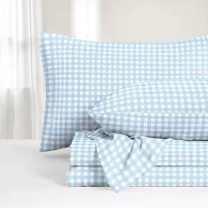 - Ggham Bed Sheets, 4- Sheet Set, Plaid Checkered Check  Prted Cute Preppy College Dorm Beddg, Deep Pocket, Light Blue,  Size
