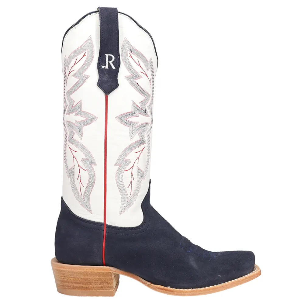 R. Watson Boots Womens Midnight Blue Rough Out Embroidered Square Toe  Casual Boots Mid Calf Mid Heel 2-3" - Blue