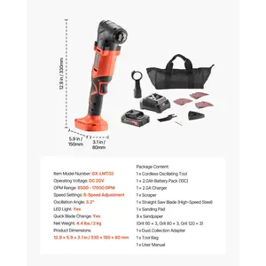 VEVOR Cordless Oscillating Tool, 20V Oscillating Multi Tool Kit with 6 Variable Speeds 8500 - 17000 OPM, 3.2 Oscillation Angle, 2.0Ah Battery Pack Charger, 12PCS Saw Accessories LED Work Light