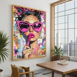 [sale off up to 40%] [Frame Canvas] Bold Pink Lipstick, Urban Graffiti Portrait Canvas, Street Art Wall Decor, Fashion Illustration Canvas, Modern Pop Art Wall Art