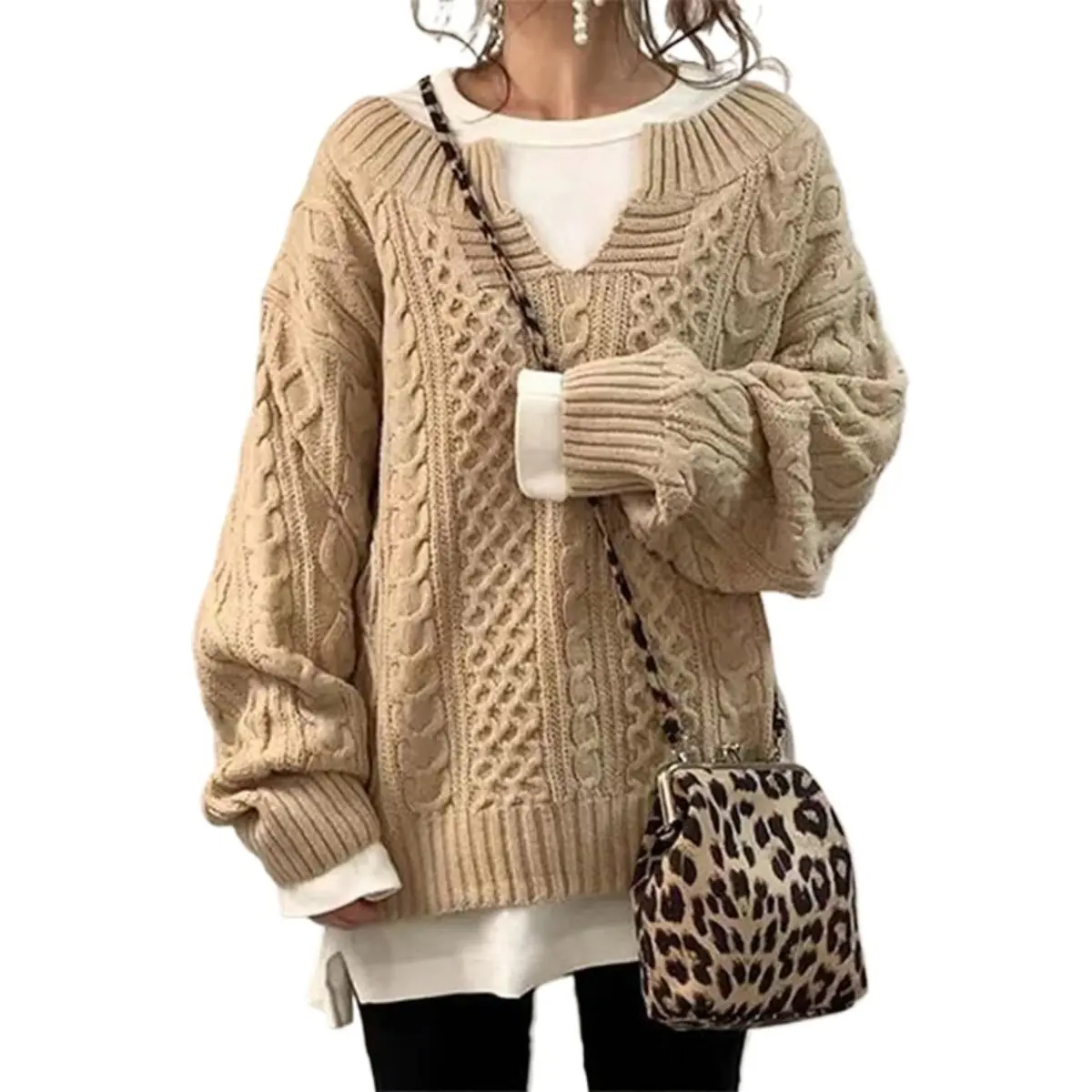 Women's V Neck Cable Knit Sweater, Loose Mid-Length Pullover, Soft Arctic Fleece Casual Lazy Style Knit Top