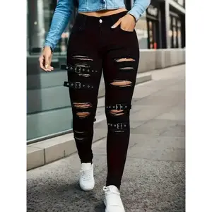 Women's High-Waist Black Skinny Jeans with Unique Buckle Detail - Stretch Denim, Distressed Look, Machine Washable - Perfect for Spring & Autumn Fashion, Plus Size Jeans