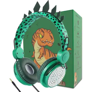 X-HPS02  Kids Headphones,Dinosaurs Wired Headsets for Boys&Girls,Built-in Mic&On/Over Ear HD Stereo for Online Study/School/Tablet with Nylon Cable (Green)
