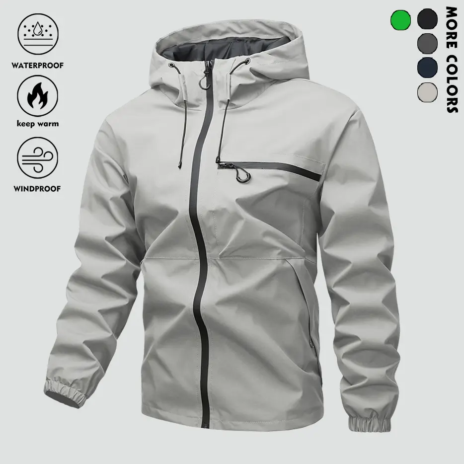 Men's Lightweight Plain Long Sleeve Hooded Jacket - Spring/Autumn Zip-Up Windbreaker, Black, Adjustable Drawstring, Polyester Fabric, Waterproof Casual Outerwear Coat