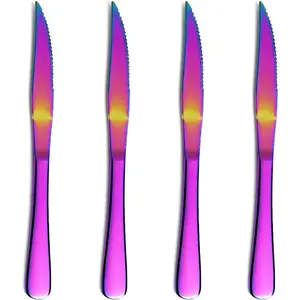 Rainbow Steak Knife Set, Kyrtaon Colorful Serrated Knife, Titanium Mutil-color Plating Stainless Steel Sharp Knives Set, Dinner Knifes Set of 4, Dishwasher Safe Sturdy And Easy To Clean Birthday