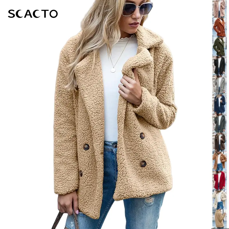 Scacto Women's Casual Fleece Jacket Coat, Solid Color Collared Button-Down Long Sleeve Shacket with Pockets, Fabric
