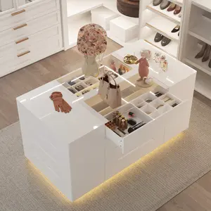 FUFU&GAGA 16-Drawer Armoire Dresser,Glass Top Closet Island with Built-in Jewelry Organizer,Bedroom Wardrobe for Walk-In Cloakroom