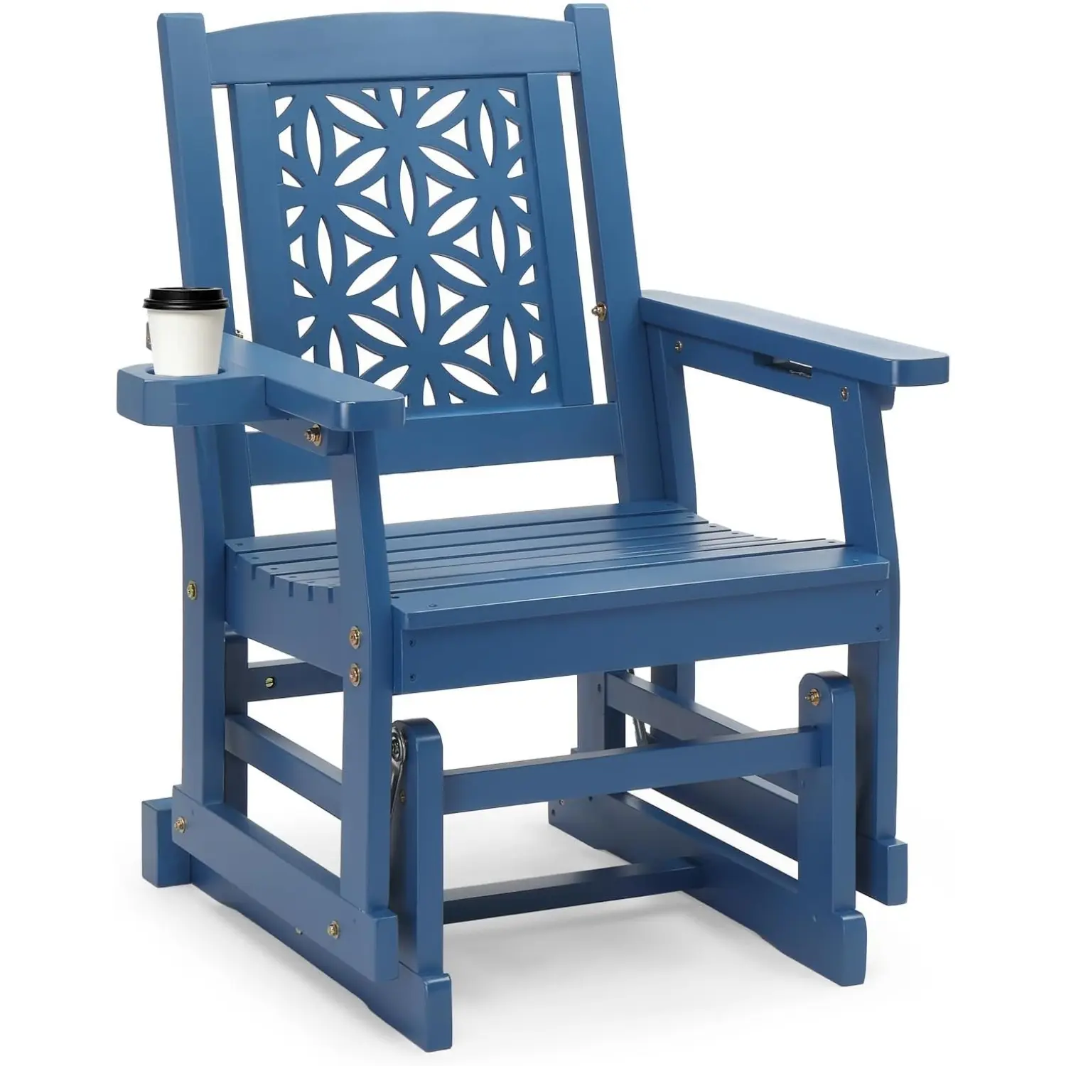 Karlhome Single-Seat Sturdy Fir Wood Outdoor Glider Chair - Patio Rocking Chairs with Floral Backrest, Fixed Arms, Cup Holders for Garden, Yard