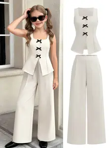 Teen Girl Clothes Set, Butterfly Knot Vest and Wide Leg Pants, Basic Casual for Daily Wear, School, Vacation, Spring Summer Fall