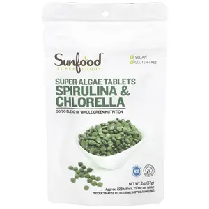 Sunfood Super Algae Tablets, Spirulina & Chlorella, 250 mg, Approx. 228 Tablets, 2 oz (57 g)