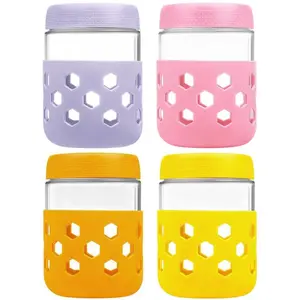 4 Pcs 16-ounce overnight oat cans with colorful sleeves and leak-proof lids. Leak-proof glass meal preparation container for storing yogurt, oatmeal, fruits, salads, snacks and spices. Storage Containers