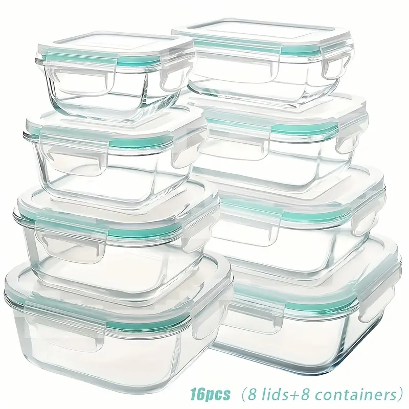 16pcs Sealed Glass Food Storage Containers, Lunch Boxes, Microwave Ovens, Ovens - Perfect for Salads, Fruits, Vegetables, And Sandwiches, Lunch Boxes | Sealed Storage | Durable Glass, Food Storage Containers (8 Lids+8 Containers)