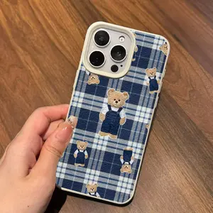 Plaid Bear Print Phone Case, Leather Texture Tpu Soft Shell, Fits iPhone XR 11 12 13 14 15 Plus 16 Pro Max 17 Air Series