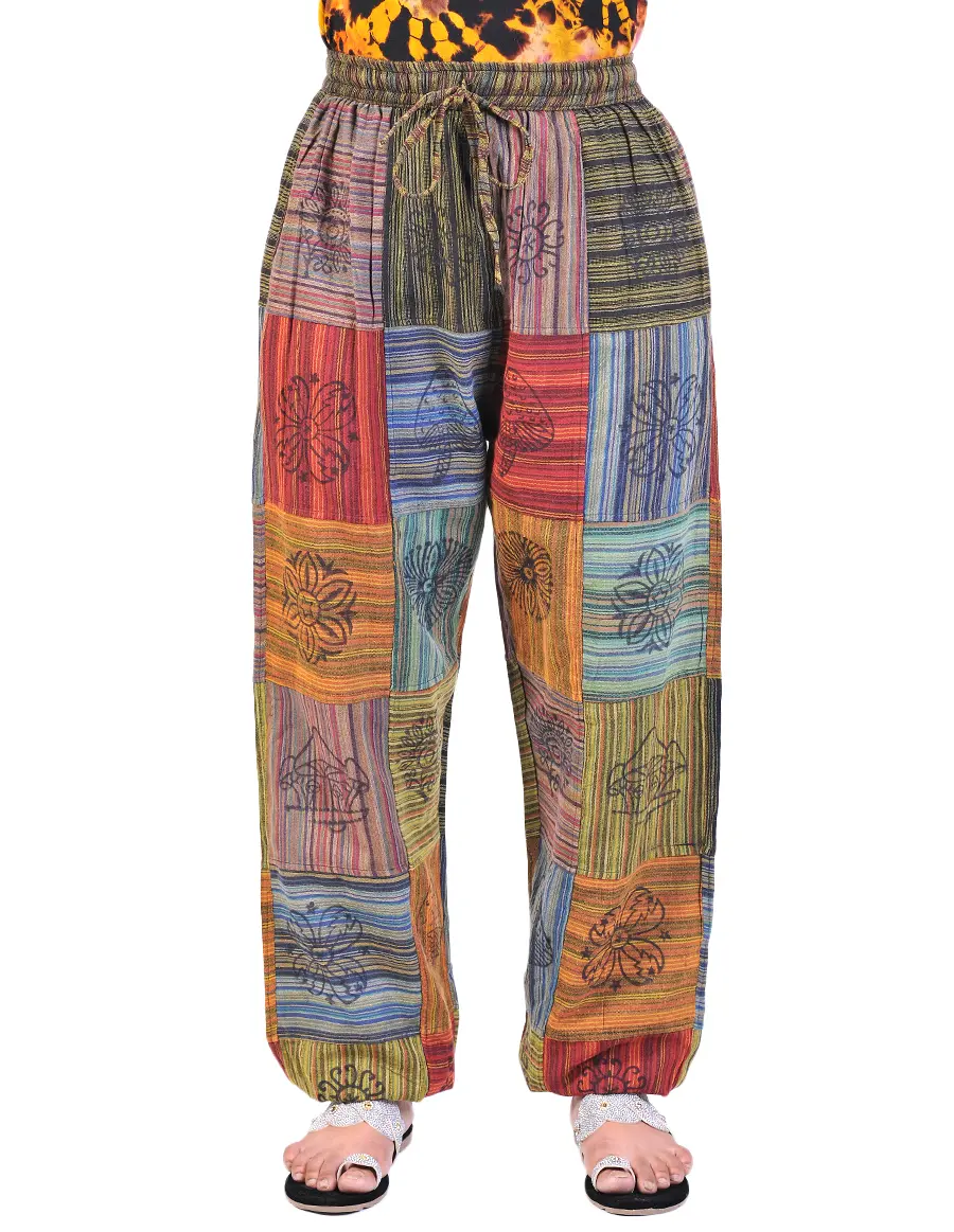 Caravan Closet Square Patched Hand Printed Joggers, Boho Hippie Pants, Patchwork Pants, Casual Joggers, Cotton Joggers