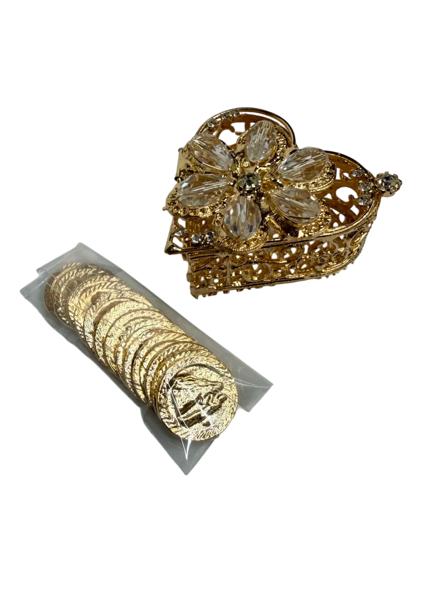 Arras Matrimoniales Doradas con Caja Corazón de Cristal