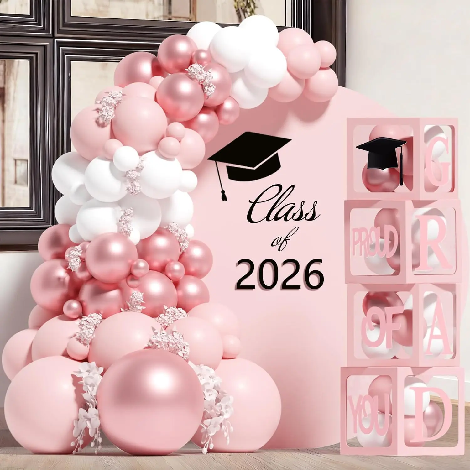 2026 Graduation Party Decor Balloon Set Pack - 4 Boxed Transparent Boxes with GRAD, PROUD OF YOU, Class of 2026 Letters, 130 Light Pink Latex Balloons Arch for High School Celebrations