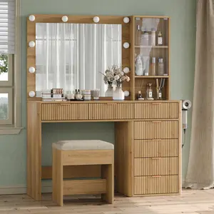 FUSOU 47'' W Fluted Vanity Desk [Shipping By 2 Packages] Makeup Vanity with Power Oultlet, 7 Drawers Vanity with 10 LED Lights and Mirror, 3 Lighting Modes Adjustable, Glass Top, Vanity with Chair for Bedroom, Natural,SummerVibe