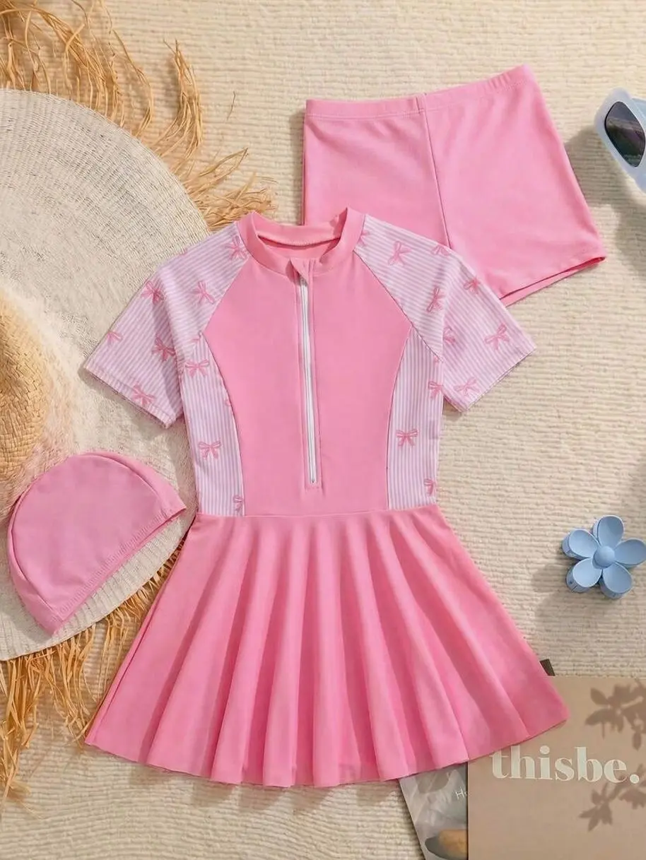 Tween Girl 3-Piece Mermaid Swimwear, Knit Zip-Up Top, Shorts & Cap, Cute Beach Vacation Bathing Suit