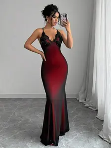 Women's Chic Bodycon Maxi Dress, Elegant Colorblock Knitted Gown with Spaghetti Straps, Backless Design and Mermaid Hem