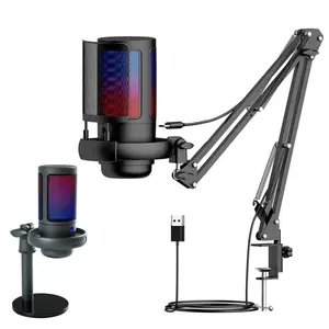USB Gaming Microphone, USB Condenser Microphone with Quick Mute, Cantilever Stand Holder, Pop Filter with RGB Indicator with Shock Mount and Volume Control for PS4, PS5 and PC, Audio, Dynamic RGB Live Streaming Mic