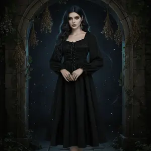 Midnight Enchantress Dress Gothic Lace-Up Witchwear All Seasons Edgy Fashion Plain Pattern Figure-Flattering Silhouette Dark Elegance