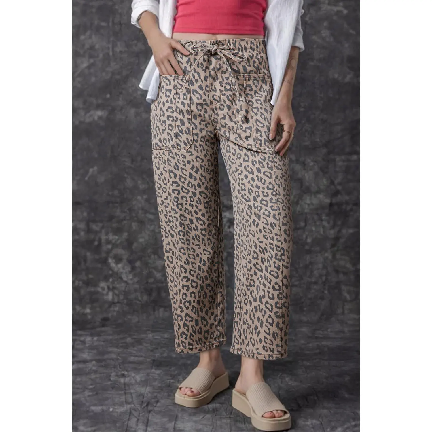 Khaki Leopard Printed Drawstring Elastic Waistband Pocketed Barrel Jeans