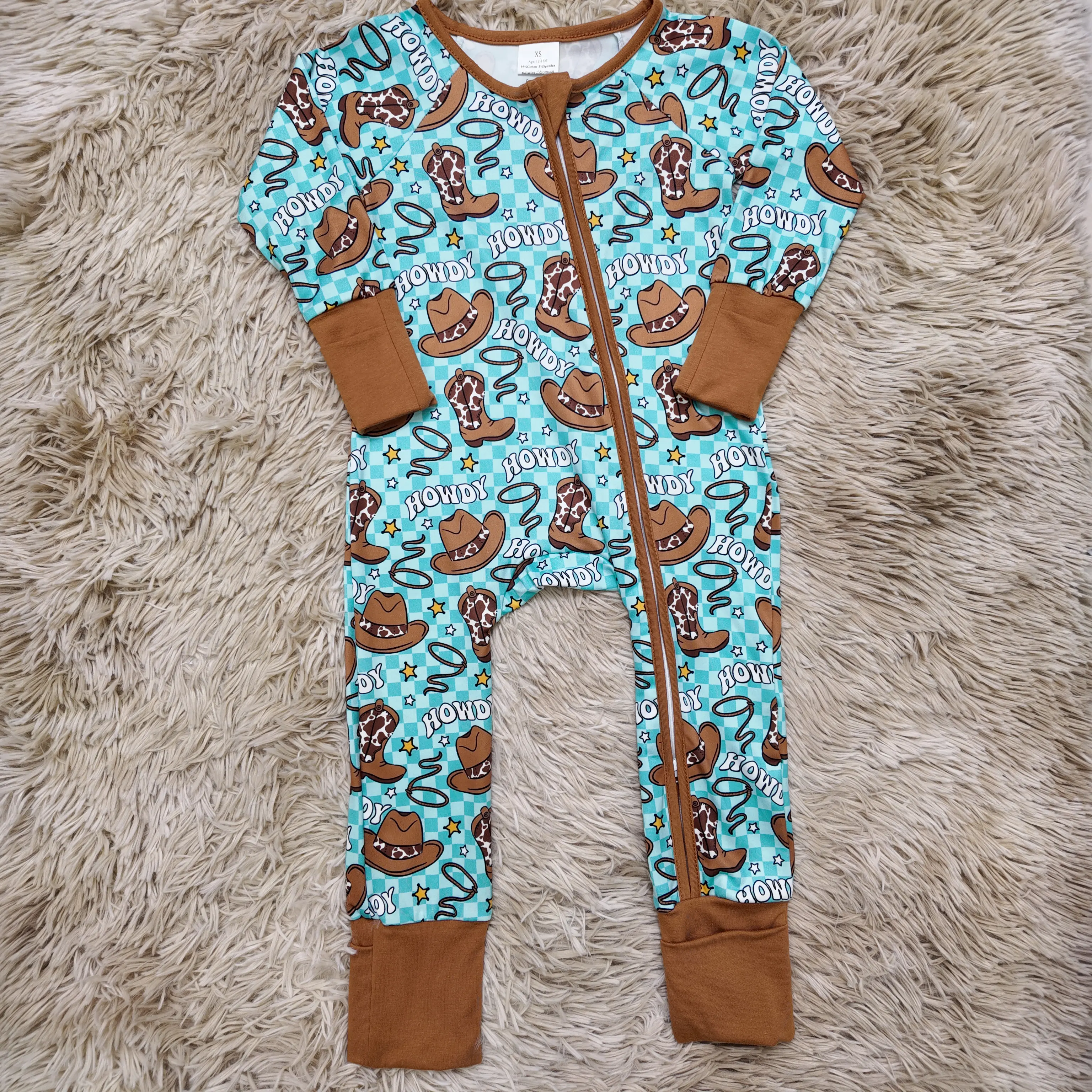 Baby Boys' 1-Piece Western Cowhide Boots & Hat All Over Print Sleepwear Outfit, Zipper-Closure Western Wear Baby Print Sleepwear Clothing, Sleepwear Outfits