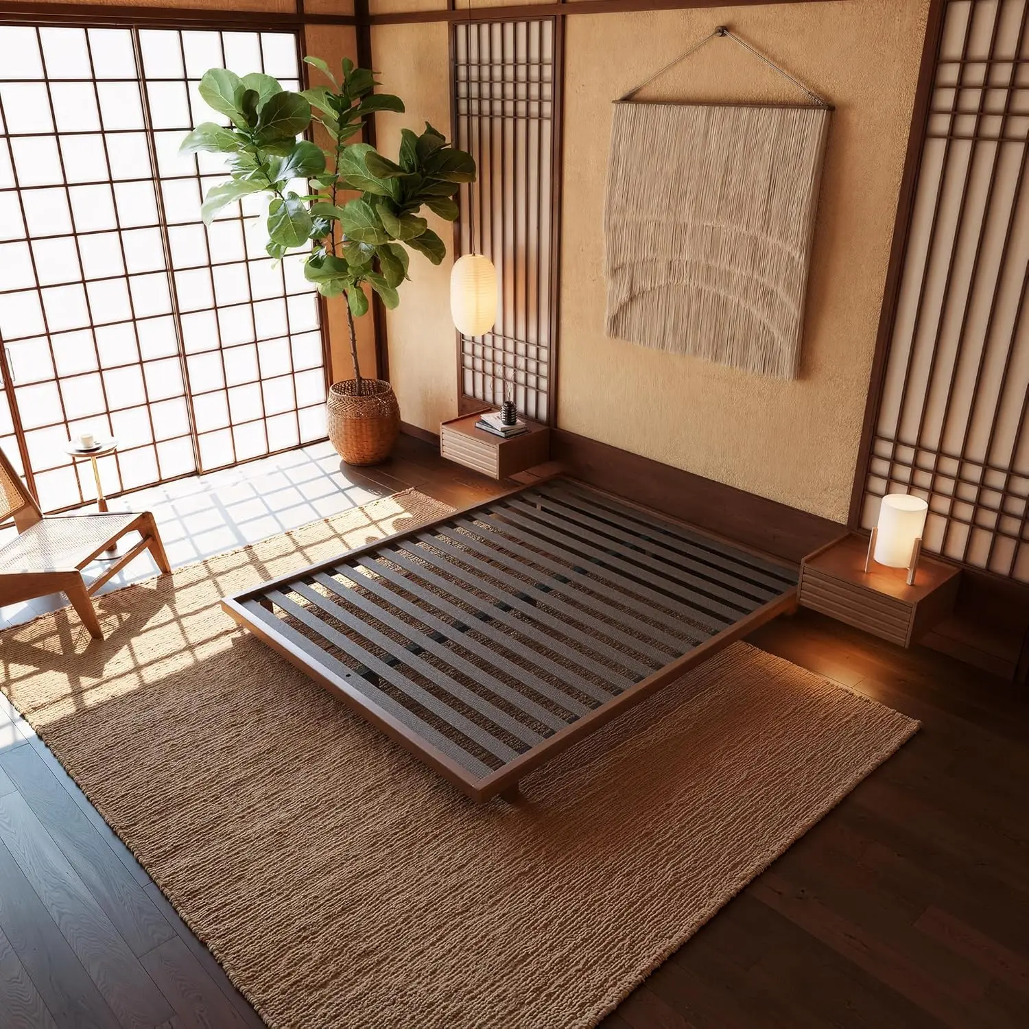 Homary Japandi Style Modern Minimalist Queen Floor Bed Frame, 6.3" Low Profile Tatami Platform Bed, Carbon Steel Slats, Wood-Finished Metal Frame, No Box Spring Needed, Fits 60" W x 80" L Queen Mattress, Japandi Style Bed Frame