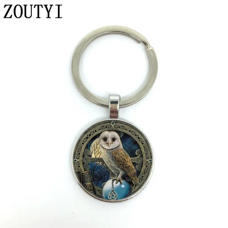 Unisex Vintage Silver Owl Keychain - 2.5cm Glass Alloy Owl Motif Animal Charm, Round Convex Glass Pendant, Fashion Costume Jewelry for Car Keys & Bags, Friend Gift