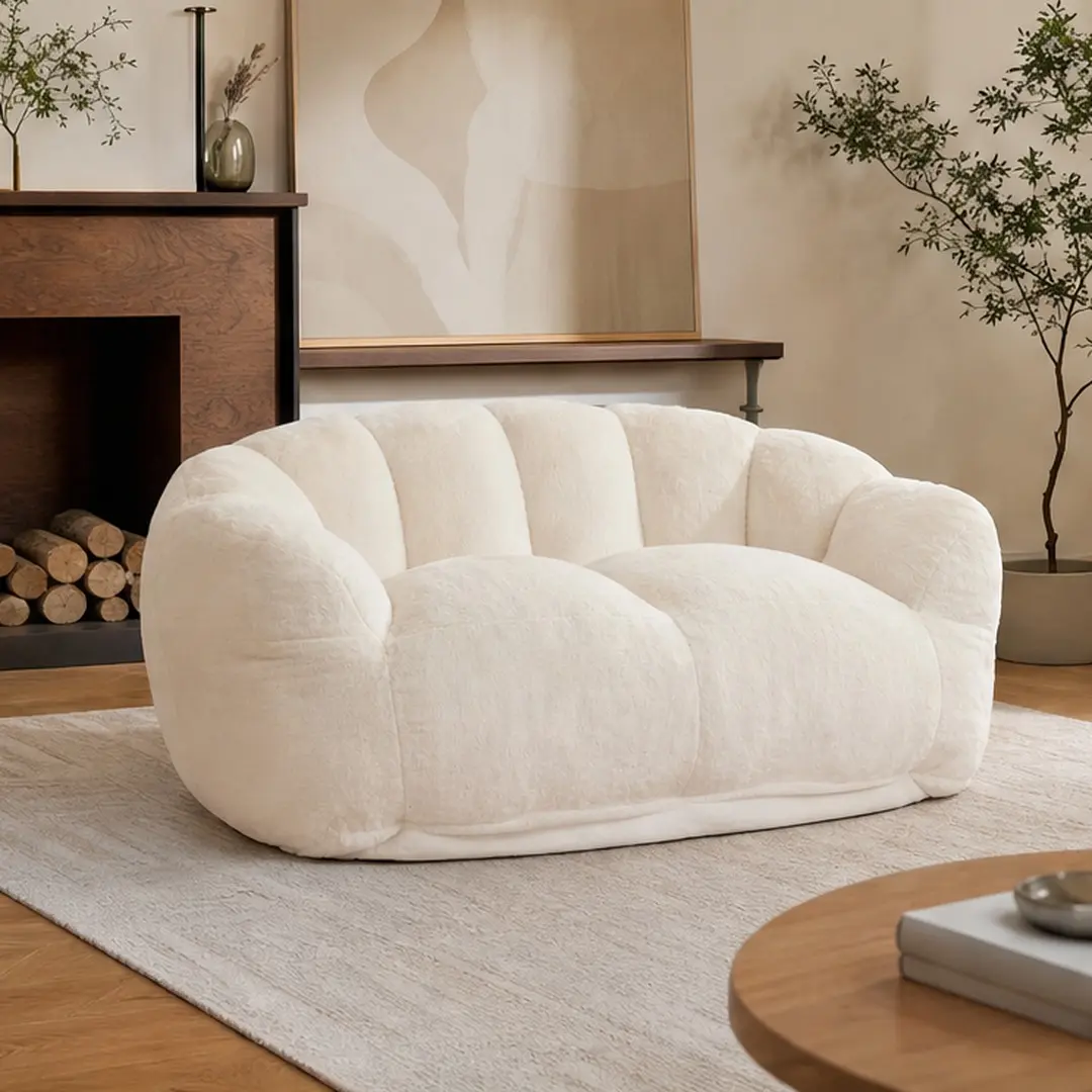 ARCH Two Seater Floor Lazy Sofa Bean Bag Chair for Adults, Ultra Soft Fluffy Loveseat Sofa Couch, Cozy Reading Chair with High Density Foam Filler, Faux Fur Beige for Living Room Bedroom, Beige Color Options, faux fur Material, Color: Beige