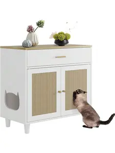 Hidden Cat Litter Box Furniture With Storage Drawer, Wood Cats Litter Enclosure Cabinet With 2 Sisal Doors, Hidden Enclosed Kitty Litter Box Cabinet Dog Proof For Living Room White