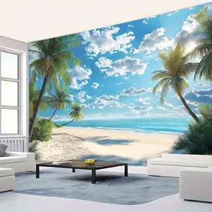 Tropical Beach Scene Tapestry - Vibrant Polyester Wall Hanging with Palm Trees & Ocean View, Perfect for Bedroom, Office, Living Room Decor, Includes Mounting Accessories, Beach Theme Decor