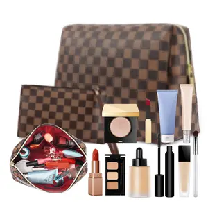 Brown checkered waterproof leather makeup square bag/flat bag 2-piece set, portable makeup travel makeup bag