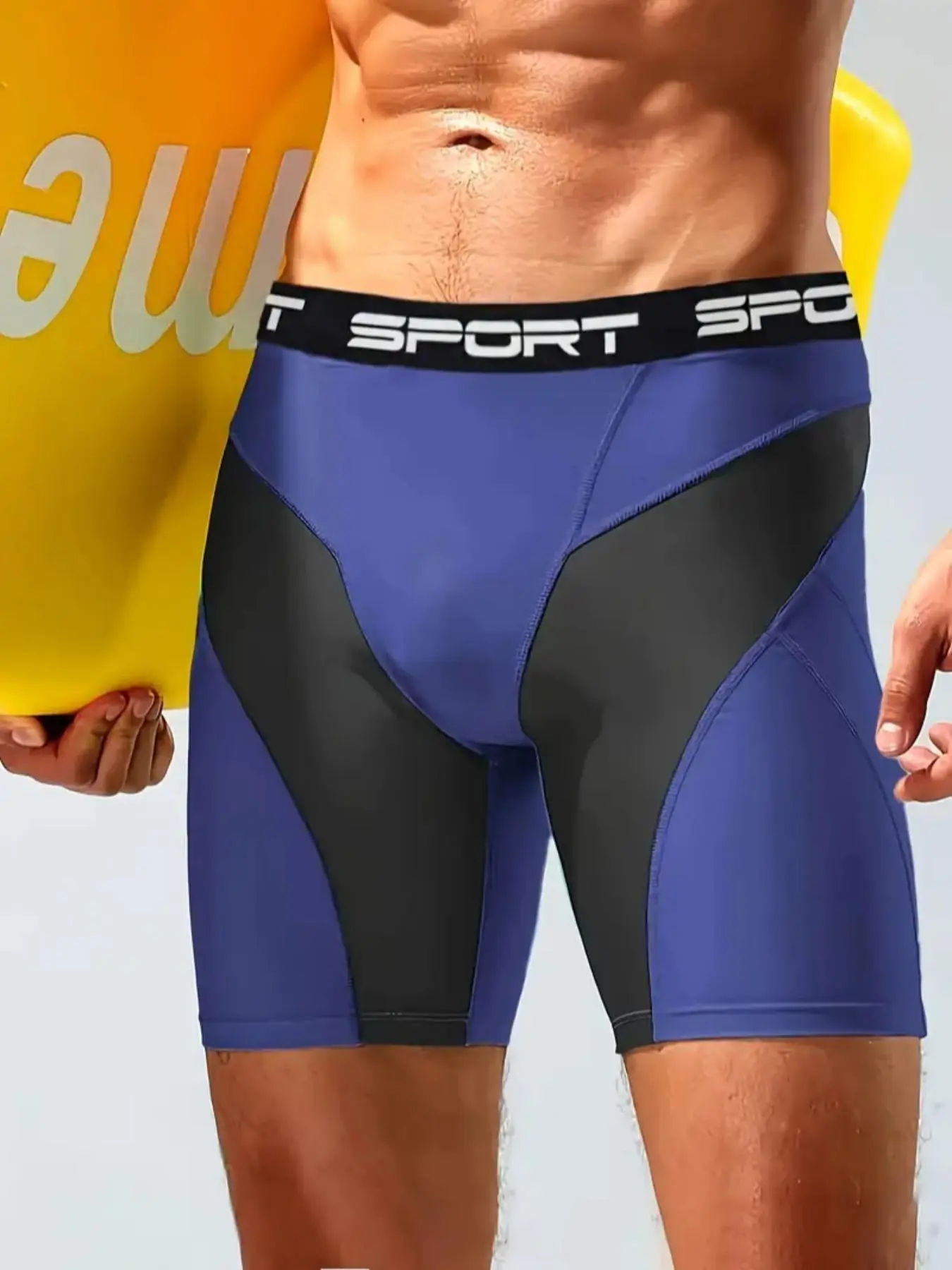 Men's High Elastic Quick-Dry Compression Shorts, Fitness Workout Athletic Wear Shorts, Dual Color Design (Blue-Black / Red-Black), Breathable Polyester-Spandex Blend, Slim Waistband with 'SPORT' Print, Ideal for Running, Basketball Training & Swimming
