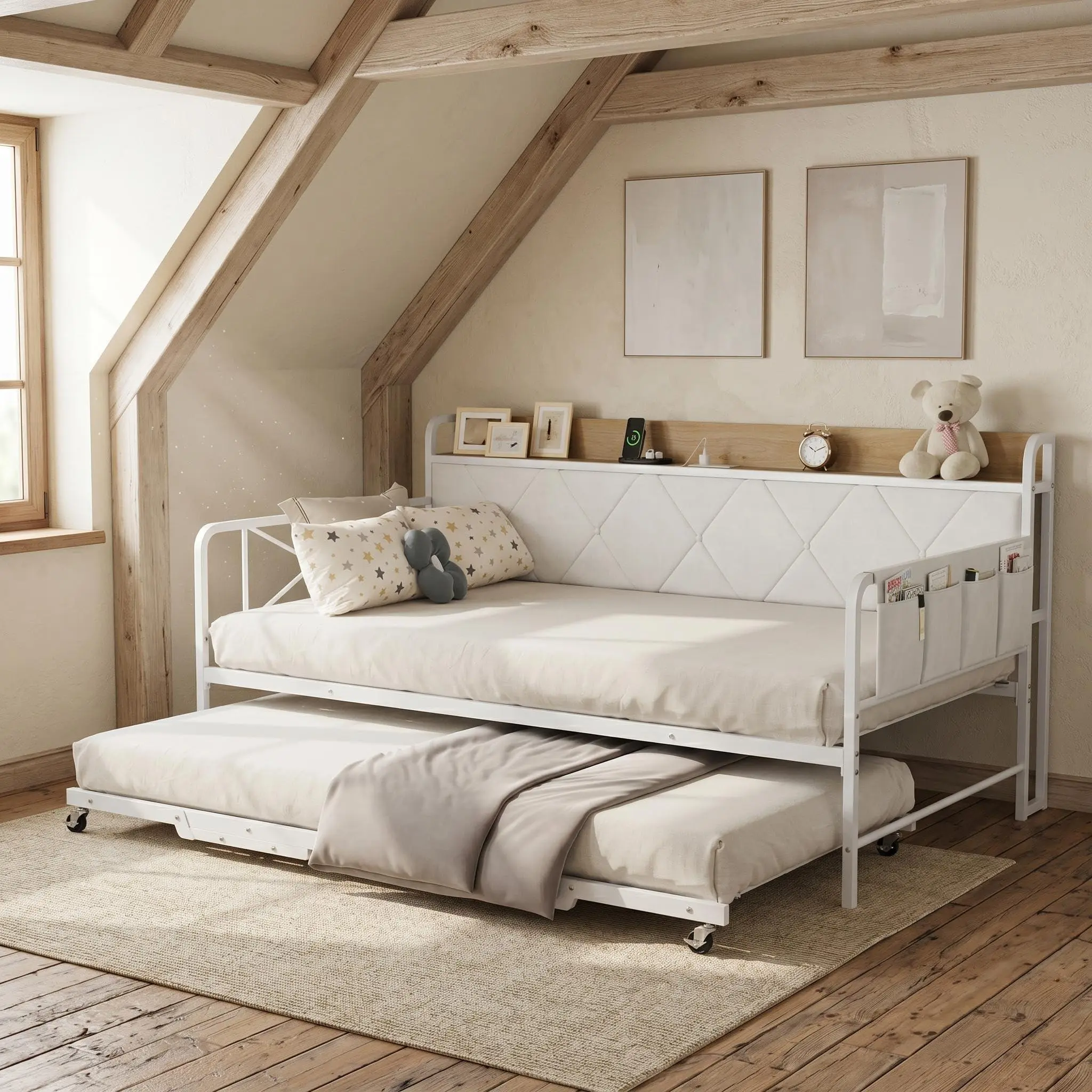 Twin Daybed with Trundle Pop Up, Upholstered Day Bed Frame with LED Lights and Charging Station, Twin to King Expandable Guest Bed for Living Room Bedroom, White