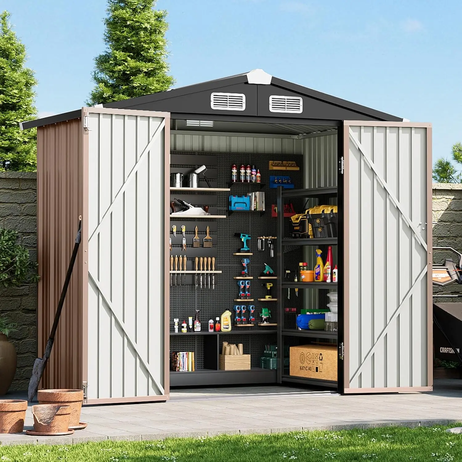 Aoxun 6x4/8×6/10×8/12×14/12×20FT Outdoor Storage Shed, Metal Garden Tool Shed with Sloping Roof & Lockable Door for Patio Lawn Backyard