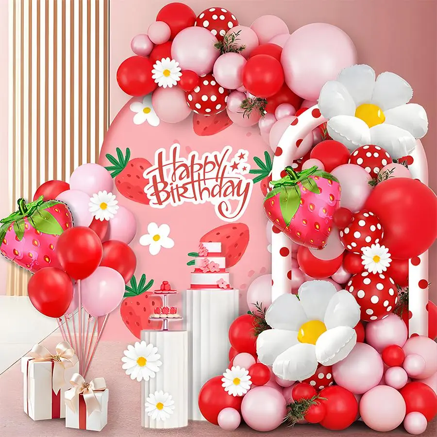 Strawberry Themed Balloon Arch Kit, 113pcs/set Balloon Garland Set, Balloon Wreath Set for Birthday, Wedding, Anniversary, Graduation Ceremony, Balloon Arch Decoration, Balloon Party Supplies, Balloon Decorations Kit, Party Balloons Decorations